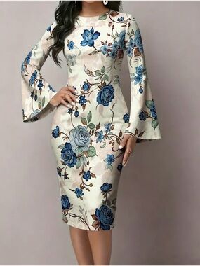 Floral Bell-Sleeve Sheath Dress in White and Blue NWT SZ XL